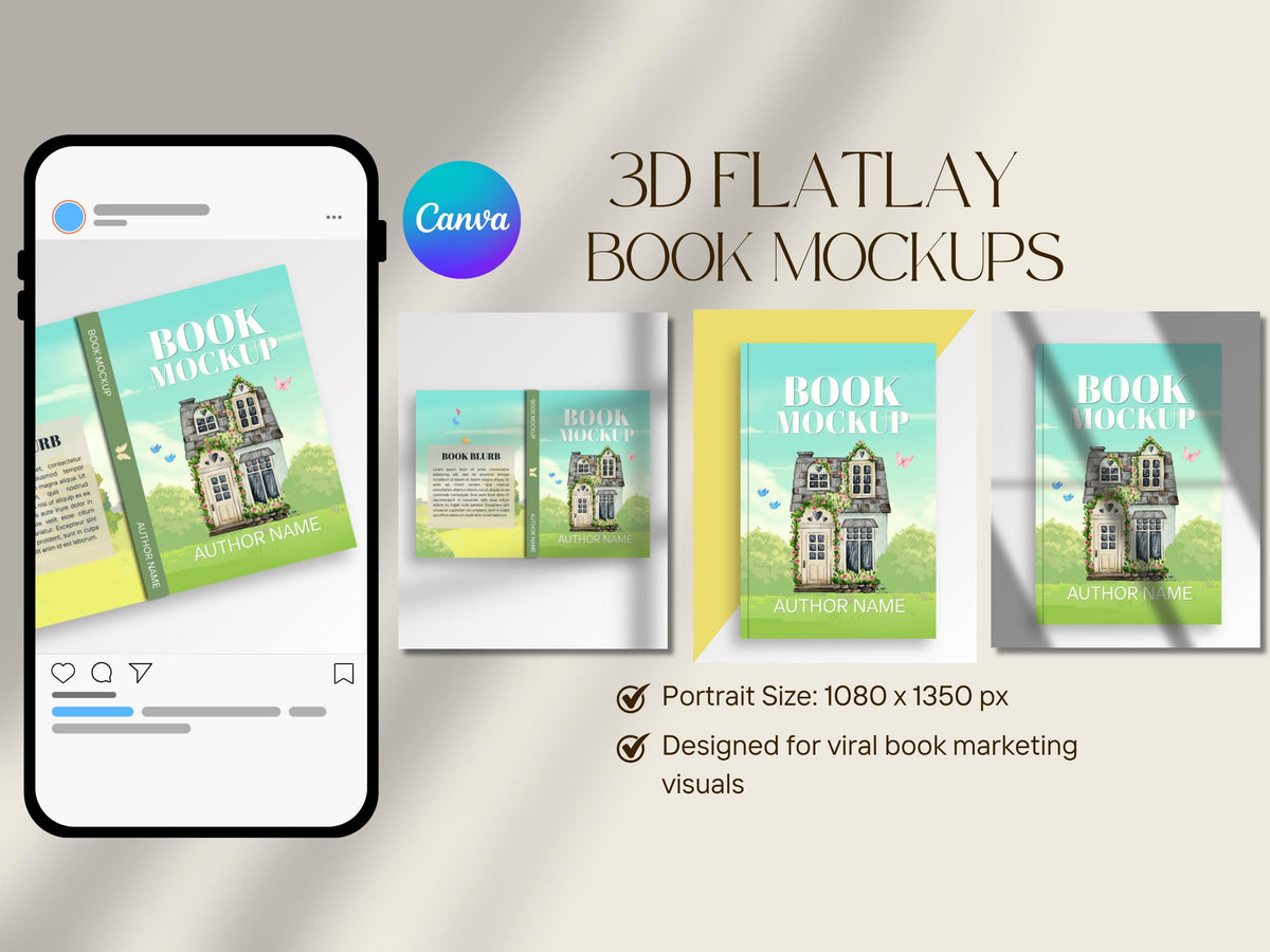Paperback Book 3D Flatlay Mockup Bookstagram Template Canva Bundle Instagram Social Media Post, Author Promo for KDP Marketing Series