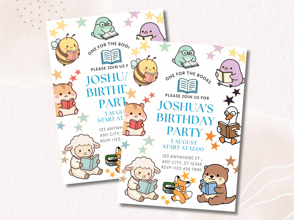 One for the Books First Birthday Invitation, Storybook Theme Birthday Invite, Bookish 1st Birthday Decor Banner, Canva Digital Party