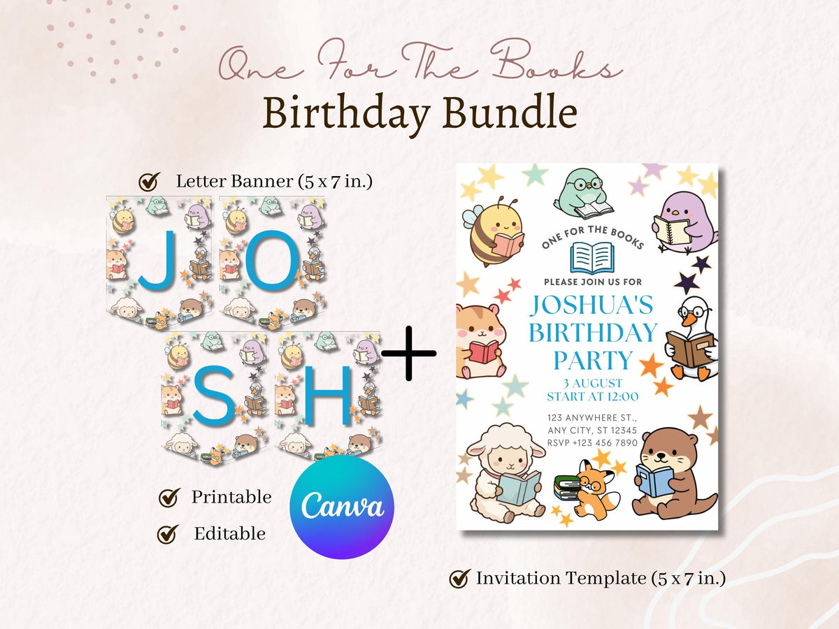One for the Books First Birthday Invitation, Storybook Theme Birthday Invite, Bookish 1st Birthday Decor Banner, Canva Digital Party