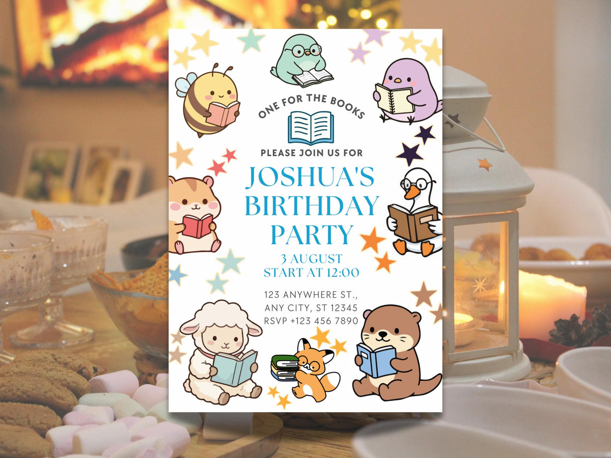 One for the Books First Birthday Invitation, Storybook Theme Birthday Invite, Bookish 1st Birthday Decor Banner, Canva Digital Party