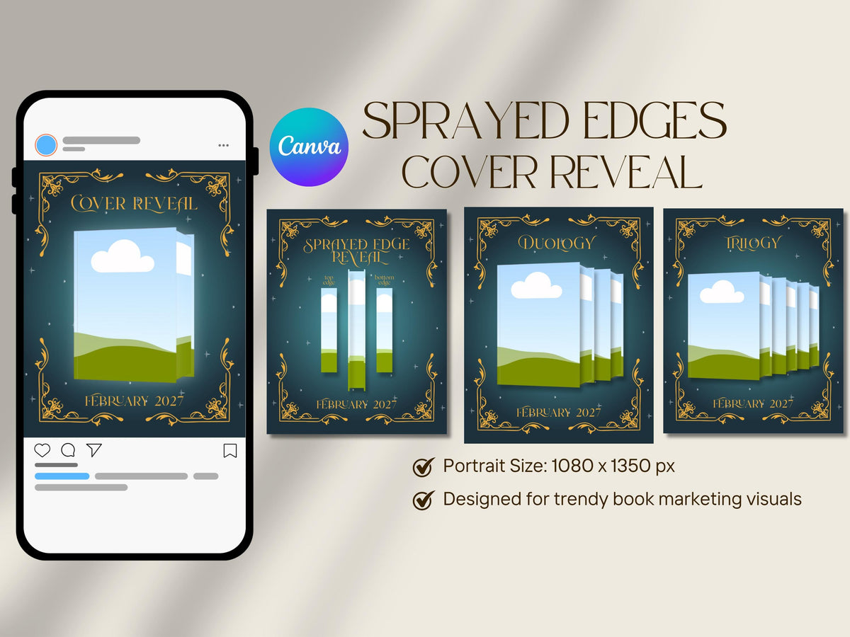Sprayed Edges Cover Reveal 6x9in Bookstagram Template Canva Bundle Instagram Social Media Post, Author Promo for KDP Marketing Series