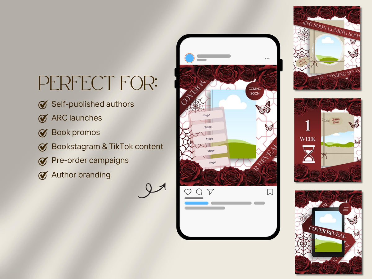 Dark Romance Book Launch Cover Reveal Instagram Template for Authors Canva Marketing Promo Bookstagram Debut 6x9in
