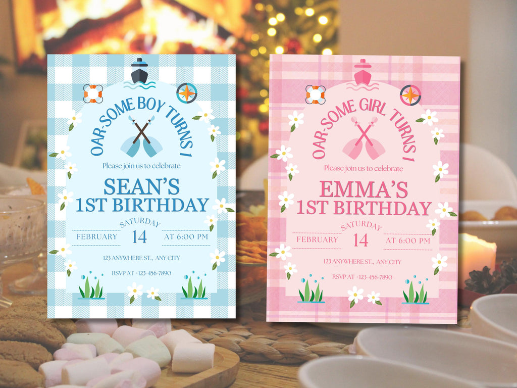 Oar-some Birthday Invitation, Rowing Birthday Party Invite, Nautical Boat Birthday, Little Captain Invite, Editable Canva Template