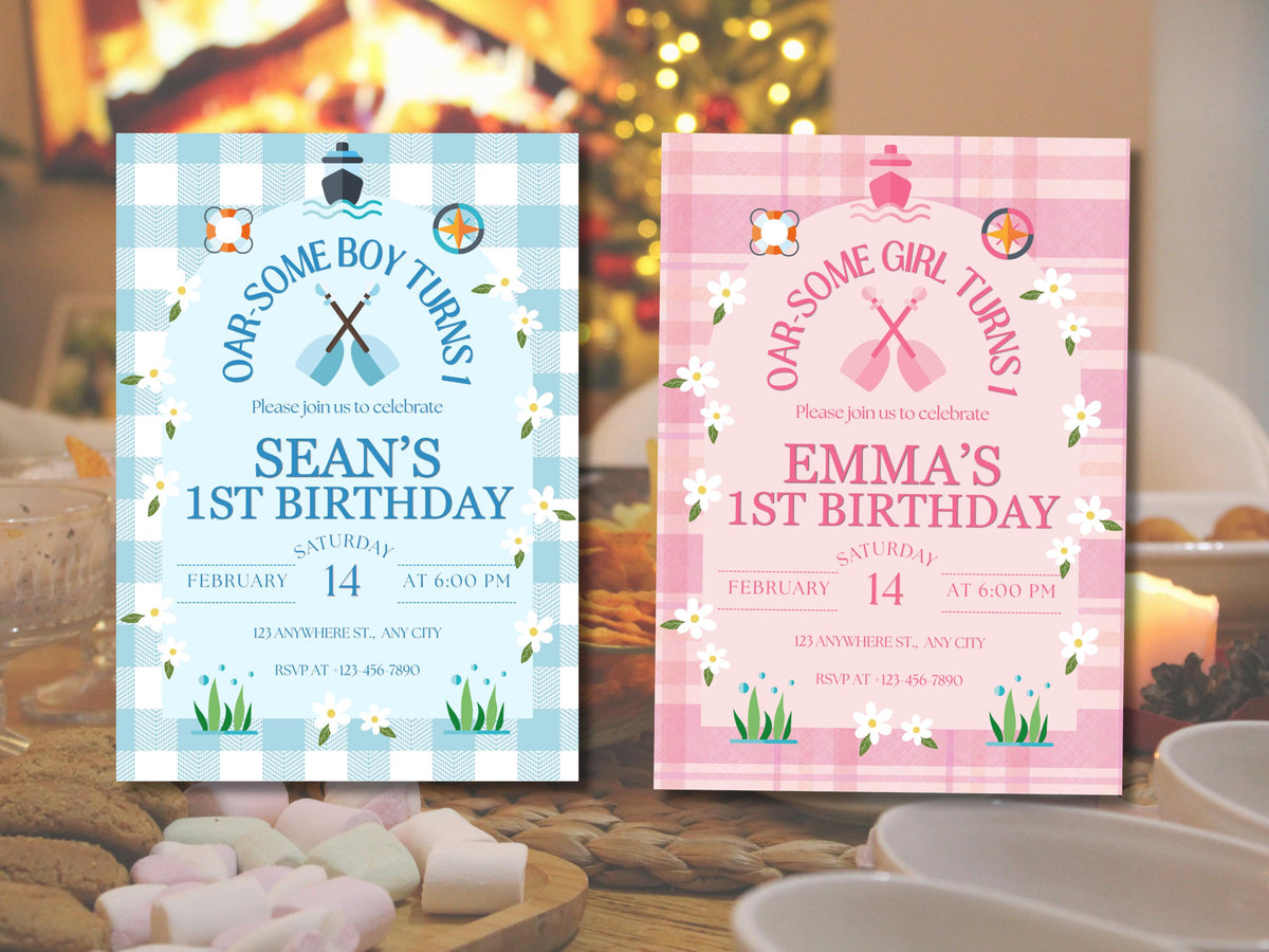 Oar-some Birthday Invitation, Rowing Birthday Party Invite, Nautical Boat Birthday, Little Captain Invite, Editable Canva Template