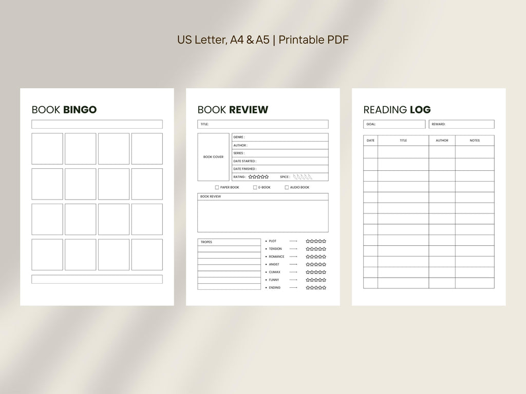 Printable Book Review Template: Reading Journal, Reading Log, Book Tracker, Book Challenge PDF Download Letter A4 A5