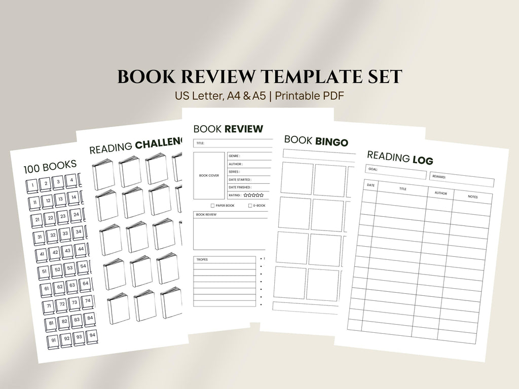 Printable Book Review Template: Reading Journal, Reading Log, Book Tracker, Book Challenge PDF Download Letter A4 A5