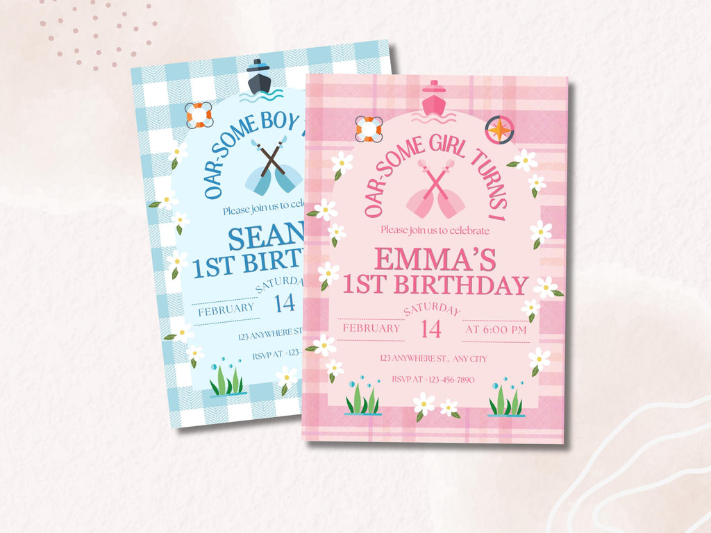 Oar-some Birthday Invitation, Rowing Birthday Party Invite, Nautical Boat Birthday, Little Captain Invite, Editable Canva Template