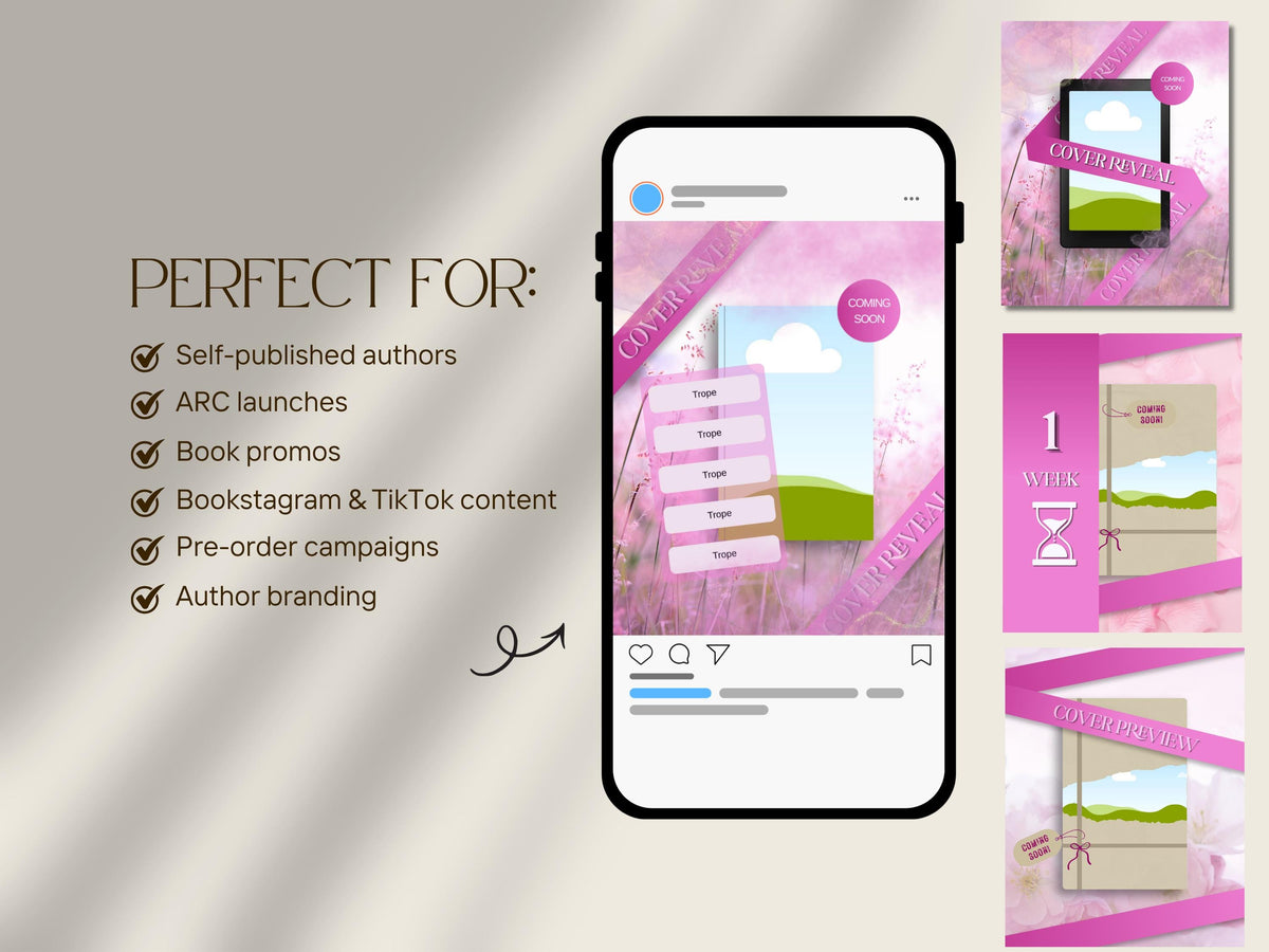 Romance Book Launch Cover Reveal Instagram Template for Authors Canva Marketing Promo Bookstagram Debut 6x9in