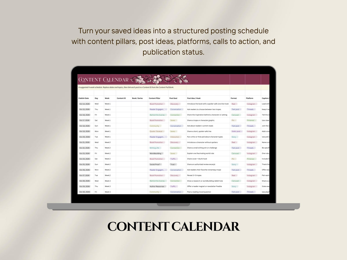 Author Content Pull Planner Canva Sheets, Book Marketing Content Bank, Social Media Planner for Authors, Instagram Content Tracker