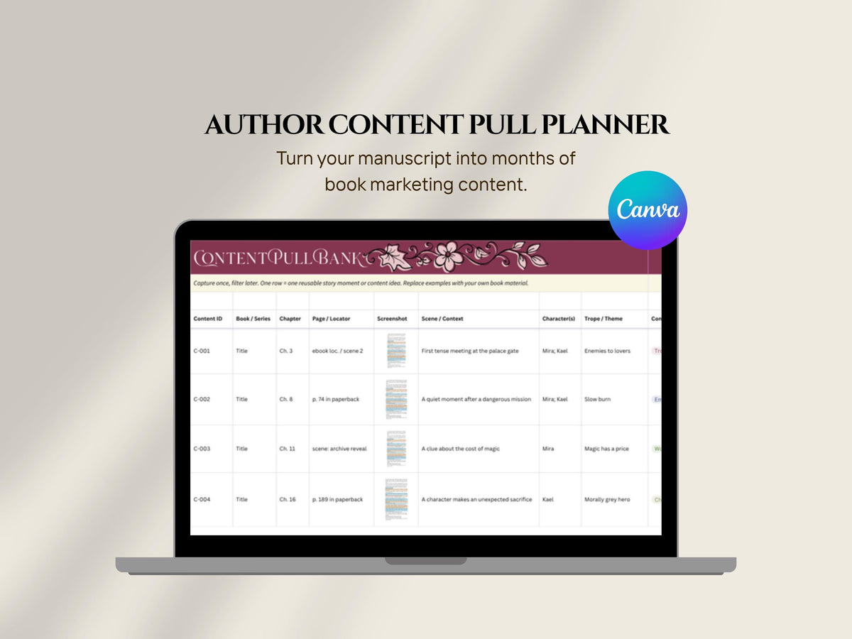 Author Content Pull Planner Canva Sheets, Book Marketing Content Bank, Social Media Planner for Authors, Instagram Content Tracker